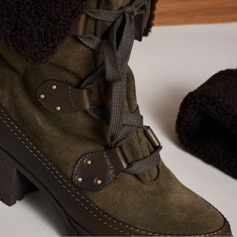 SEE BY CHLOE VERENA PLATFORM GENUINE SHEARLING LINED LACEUP BOOT MSRP $555 SAGE